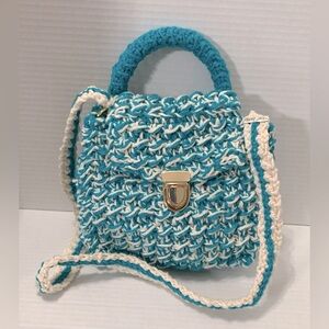 Handmade Crochet Bag Teal Blue and White Crossbody Bag with Two types of straps